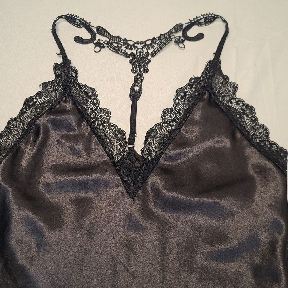 Avidlove Nightgown Women Medium Black Lace Trim T-Back Satin Chemise Lingerie